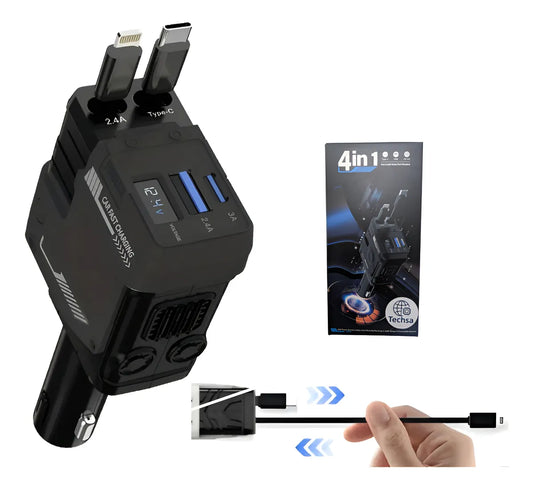 Cargador de Carro 4 en 1 Carga Rápida: ¡El Fin del Desorden de Cables y la Batería Baja!