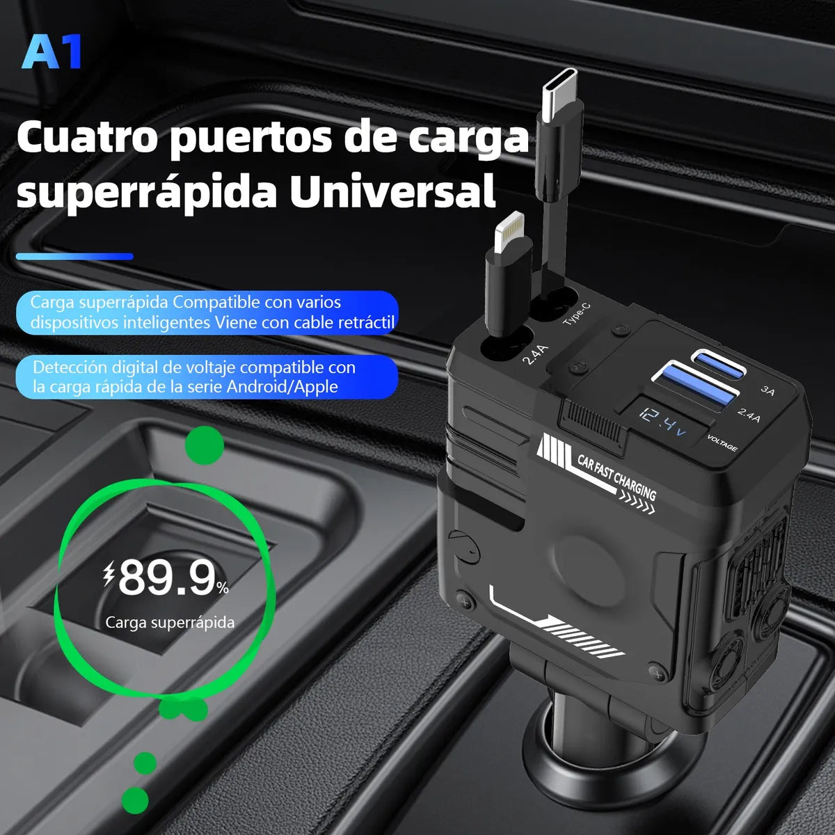 Cargador de Carro 4 en 1 Carga Rápida: ¡El Fin del Desorden de Cables y la Batería Baja!